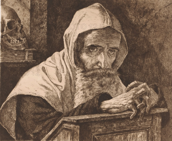 Old man with beard and hood sits with folded hands on a prayer stool, Prophet (former title), print, printmaker: Willem Geets, 1892, paper, etching, intaglio printmaking technique, etching with plate tone, height 240 mm x width 290 mm, head-gear, skull as symbol of 'Vanitas', old man, beard, kneeling-chair, A sepia-toned etching showing an older bearded man wearing a hooded robe, his face detailed with deep lines and heavy eyebrows, eyes looking forward; his hands rest on the edge of a wooden surface with visible grain and carved panels, fingers intertwined and knuckles prominent. To the left a human skull sits atop a stack of books. The background is textured with cross-hatched shading and vertical lines, and the robe and beard are rendered with dense, fine strokes.