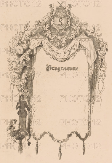 Program with frame with soldier, 1er Régiment de Ligne, print, program, Belgium, printmaker: Polynice Auguste Viette (possibly), c. 1850, paper, chine collé, etching, height 309 mm x width 230 mm, The '1er Régiment de Ligne' or '1st Line Regiment' is a Belgian army unit that was founded in 1830. This is a blank program for an activity of this regiment., the soldier, the soldier's life, An ornate vertical border with decorative drapery and a central empty panel framed by intricate floral scrollwork and acanthus leaves, cherubic figures playing drums and holding ribbons clustered along the left side, a crowned heraldic cartouche at the top flanked by ornamental foliage and small animal figures, a standing soldier in uniform holding a long rifle positioned near the lower left edge, scalloped edging with hanging tassels along the bottom, and fine crosshatching and stippling linework throughout on a pale parchment background.