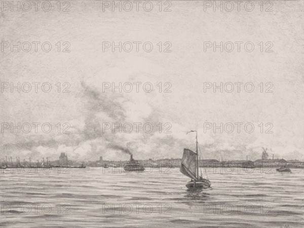 View of Rotterdam across the water, De Boompjes (original title), The Maas in Rotterdam (original series title), print, annotation: 'View of Rotterdam in front of the old Plantage', printmaker: Simon Moulijn (signed by artist), 1910, paper, chine collé, lithography, lithography on chine collé, height 474 mm x width 662 mm, sailing-ship, sailing-boat, prospect of city, town panorama, silhouette of city, Rotterdam, Maas, A wide riverscape drawn in soft grayscale shows a calm water surface with gentle horizontal ripples in the foreground and distant shoreline across the middle; a small sailboat with a tall mast and a triangular sail is centered near the front, its reflection visible on the water, while another steamer with a smokestack emitting a plume of smoke moves along the horizon; low clouds fill much of the sky above the shoreline, and faint outlines of buildings and vertical masts punctuate the distant coast.