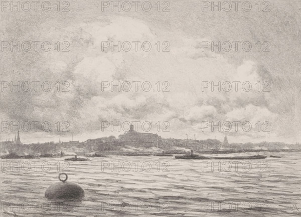 The Yacht Club Building (Westerkade and Yacht Club Building) (original title), View of Rotterdam from the water, The Maas in Rotterdam (original series title), print, annotation: 'Westerkade with Yacht Club Building', printmaker: Simon Moulijn (signed by artist), 1910, paper, chine collé, lithography, lithography on chine collé, height 474 mm x width 662 mm, prospect of city, town panorama, silhouette of city, Rotterdam, Maas, A wide riverscape rendered in soft grayscale shows a large expanse of rippling water in the foreground with a rounded buoy topped by a circular ring near the lower edge. Beyond the water, a low shoreline silhouette stretches across the middle ground with varied building shapes and a prominent hill crowned by a tower-like structure. Several slender masts and spires punctuate the skyline. Above, a vast sky fills most of the image with layered, billowing clouds rendered in textured tones, creating a sense of depth and atmosphere.