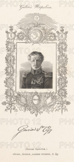 Gouvion St Cyr, Portrait of Laurent de Gouvion Saint-Cyr, Galerie Napoléon, Series of portraits of prominent persons under the reign of Napoleon Bonaparte, print, printmaker: Adèle Ethiou, France, printmaker: Auguste-François Alès Henri Porret, after painting by Vernet, after design by Jean-Charles-François Leloy, publisher: D. Bénard, Paris, 1815 - 1825, 1829 - 1830, paper, steel engraving, wood engraving, portrait is steel engraving, Cartouche is a wood engraving, printed from two plates, height 236 mm x width 154 mm. This portrait was part of the 'Galerie Napoléon' series, a collection of one hundred portraits of prominent figures from the circle of Napoleon Bonaparte. The series was published by Bénard in Paris in 1829-30. Person, Laurent de Gouvion Saint-Cyr, historical persons, ornament, cartouche, A vertically oriented engraved portrait shows a man dressed in a decorated military uniform with ornate shoulder epaulettes and medals on his chest, framed by an elaborate ornamental b...