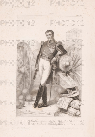 Valée (Sylvain-Charles. Comte), Sylvain Charles Valée leaning against a cannon, print, book illustration, printmaker: Alphonse François, France, after painting by Joseph Désiré Court, after drawing by Léopold Massard, publisher: Charles Gavard, Paris, 1838 - 1841, paper, steel engraving, height 269 mm x width 187 mm, A finely detailed engraved portrait shows a man in a decorated military uniform standing beside cannons and cannonballs, with large wooden wheels and a rocky backdrop; he wears epaulettes, a sash across his chest, fitted trousers, and riding boots, holding a pistol in one hand and a sword or cane in the other, while a plumed bicorn hat and rolled-up maps or sacks lie on the ground near stacked wooden beams and a mounted cannon wheel.
