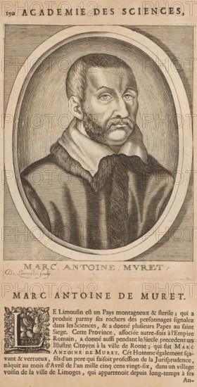 Marc, Antoine, Muret, Portrait of Muretus, print, book illustration, printmaker: Nicolas de Larmessin (I), publisher: François Foppens, Brussels, 1682, paper, engraving, letterpress printing, text in letterpress, height 182 mm x width 137 mm, height 320 mm x width 187 mm, Print used for: Bullart, Isaac. Académie des Sciences et Arts contenant les vie et éloges his. the people's illustrations show their excellence and their professions in their environment throughout their lives. Brussels: François Foppens, 1682. The book was also published in Amsterdam in 1682 by the heirs of Daniel Elzevier. Each portrait is an illustration accompanying the biography of an artist or scholar. Most of the portraits were produced by Nicolas de Larmessin (162), 93 by De Boulonois and a third by unidentified printmakers. This concerns an illustration on p. 190, part II., Person, Muretus, historical persons, scholar, philosopher, A sepia-toned engraved portrait of a man shown from the chest up inside an ova...