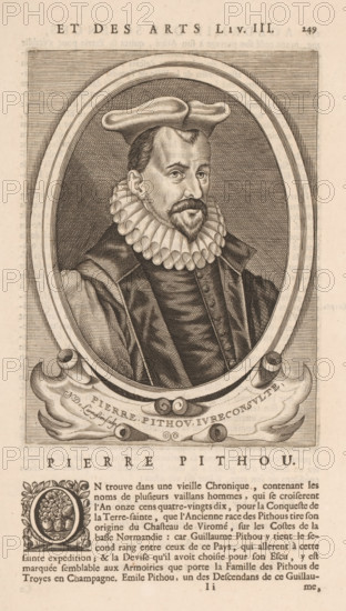 Portrait of Pierre Pithou, print, book illustration, printmaker: Nicolas de Larmessin (I), publisher: François Foppens, Brussels, 1682, paper, engraving, letterpress printing, text in letterpress, height 187 mm x width 138 mm, height 336 mm x width 193 mm, Print used for: Bullart, Isaac. Académie des Sciences et Arts contenant les vie et éloges his. the people's illustrations show their excellence and their professions in their environment throughout their lives. Brussels: François Foppens, 1682. The book was also published in Amsterdam in 1682 by the heirs of Daniel Elzevier. Each portrait is an illustration accompanying the biography of an artist or scholar. Most of the portraits were produced by Nicolas de Larmessin (162), 93 by De Boulonois and a third by unidentified printmakers. This refers to an illustration on p. 249, part I., Person, Pierre Pithou, historical persons, The image shows an engraved portrait of a man inside an oval frame wearing a high, ruffled collar and a hat wi...