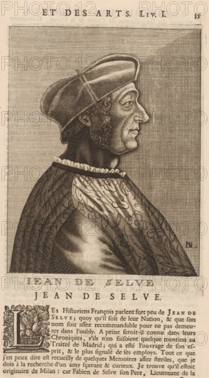 Portrait of Jean de Selve, print, book illustration, printmaker: Nicolas de Larmessin (I), publisher: François Foppens, Brussels, 1682, paper, engraving, stippelwerk, letterpress printing, engraving and stippling, letterpress text, height 191 mm x width 137 mm, height 314 mm x width 184 mm, Print used for: Bullart, Isaac. Académie des Sciences et Arts contenant les vie et éloges his. the people's illustrations show their excellence and their professions in their environment throughout their lives. Brussels: François Foppens, 1682. The book was also published in Amsterdam in 1682 by the heirs of Daniel Elzevier. Each portrait is an illustration accompanying the biography of an artist or scholar. Most of the portraits were produced by Nicolas de Larmessin (162), 93 by De Boulonois and a third by unidentified printmakers. This concerns an illustration on p. 35, part I., Person, Jean de Selve, historical persons, diplomacy, diplomat, A sepia-toned engraved portrait of a man shown in profil...