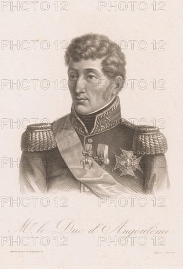 Mgr. le Duc d'Angoulème, Portrait of Louis Anton of Bourbon, Duke of Angoulème, Portraits after Vauthier, print, : 'Déposé le Janvier 1816.', printmaker: Auguste Claude Simon Legrand, France, publisher: Veuve Chereau, Paris, 1815 - 1817, Auguste Claude Simon Legrand, Veuve Chereau, printmaker, publisher, paper, stipple work, engraving, etching, height 291 mm x width 224 mm, Person, Louis Anton of Bourbon (Duke of Angoulême), historical persons, nobility and patriciate, chivalry, knighthood, A sepia-toned engraved portrait of a man shown from the torso up wearing a formal military uniform with ornate epaulettes, a high collar with decorative embroidery, a sash across his chest, and several medals and a star-shaped badge pinned to his coat; he has short curly hair, sideburns, and a composed facial expression while looking slightly to the viewer's left, set against a plain textured background.
