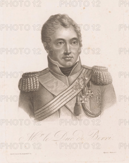 Mgr. le Duc de Berri, Portrait of the Duke of Berry, Portraits after Vauthier, print, : 'Déposé le Octobre 1815.', printmaker: Auguste Claude Simon Legrand, France, publisher: Veuve Chereau, Paris, 1815 - 1817, paper, stipple work, engraving, height 260 mm x width 185 mm, Person, Duke of Berry, historical persons, nobility and patriciate, chivalry, knighthood, A monochrome portrait of a man shown from the chest up wearing a high-collared military uniform with ornate shoulder epaulettes and a wide sash crossing his torso, his face rendered with fine stippling and short wavy hair, a composed expression with eyes looking slightly to the side, detailed medals and braided cords displayed on his chest, and a plain background with subtle speckled aging.