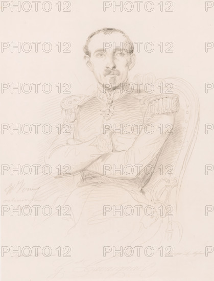 Portrait of Louis Eugène Cavaignac, G.al Cavaignac, print, printmaker: Léopold Massard, after drawing by Horace Vernet, 1843 - 1889, paper, chine collé, etching, roulette, etching and roulette on cream-colored chine collé, height 290 mm x width 222 mm, Person, Louis-Eugène Cavaignac, historical persons, A pencil sketch of a seated man shown from the torso upward wearing a military-style uniform with decorative epaulettes and a high collar; he has short hair, a mustache, and a small goatee, and his arms are folded across his chest while he sits in an ornately carved chair with visible curved armrests and upholstery tacks.