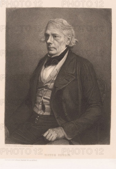 Portrait of Victor Cousin, Victor Cousin, print, printmaker: Alphonse Charles Masson, France, after photo by Félix Nadar, publisher: Marchant, Paris, 1849 - 1898, Félix Nadar, paper, chine collé, etching, stipple work, etching and stipple work on chine collé, height 279 mm x width 212 mm, Published in: l'Artiste, in or after 1849., Person, historical persons, scholar, philosopher, A seated older man shown from the waist up in a detailed monochrome portrait wearing a dark coat, waistcoat, high-collared shirt, and a bow tie, with wavy light-colored hair combed back and sideburns, a long pendant hanging from his neck, a folded hand resting on his lap, and a textured shaded background.