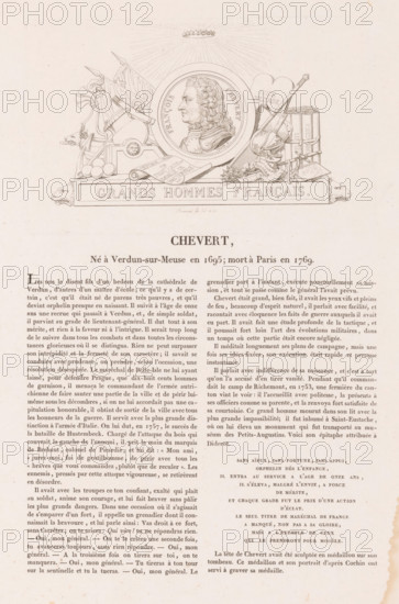 Portrait of François de Chevert, Chevert, Gallery of medals with French greats, Galerie métallique des grands hommes français, print, printmaker: Louis Marie Normand, Paris, after design by Armand Auguste Caqué, in or after 1821, paper, etching, letterpress printing, etching with letterpress text, height 102 mm x width 167 mm, height 357 mm x width 265 mm, Person, François de Chevert, historical persons, commander-in-chief, general, marshal, A printed page showing a central engraved vignette with a round medallion portrait of a man in profile surrounded by decorative military objects including a helmet, flags, cannonballs, drums, swords, a shield, and rolled documents, with a rectangular cartouche beneath the vignette containing raised lettering, and columns of printed text filling the lower portion of the page.