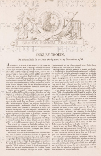 Portrait of René Duguay-Trouin, Duguay-Trouin, Gallery of medals with French greats, Galerie métallique des grands hommes français, print, printmaker: Louis Marie Normand, Paris, after design by Armand Auguste Caqué, in or after 1819, paper, etching, letterpress printing, etching with letterpress text, height 102 mm x width 168 mm, height 357 mm x width 251 mm, Person, René Duguay-Trouin, historical persons, ranks in the navy, pirate, corsair, buccaneer, The image shows a printed page with an ornate header featuring a circular portrait medallion of a man in profile surrounded by decorative objects including ropes, anchors, a cannon, a sheaf of documents, and a stack of books, all arranged above a rectangular plaque with carved lion heads at each end; below the header is a bold centered heading followed by dense columns of text in a serif typeface filling the lower portion of the page.