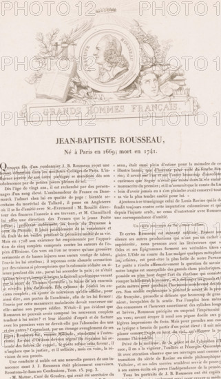 Portrait of Jean-Baptiste Rousseau, Jean-Baptiste Rousseau, Galerie métallique des grands hommes français, Gallery of medals with French greats, print, printmaker: Louis Marie Normand, Paris, after design by Mathias Nicolas Marie Vivier, in or after 1818, paper, etching, letterpress printing, etching with text in letterpress, height 102 mm x width 168 mm, height 351 mm x width 261 mm, Person, Jean Baptiste Rousseau (1669-1741), historical persons, portrait of a writer, A sepia-toned printed page showing a decorative engraved header with a central circular portrait of a man in profile framed by laurel leaves and floral motifs, flanked by an open book on one side and a sculpted theatrical mask and various objects on the other, all above a rectangular ornamental cartouche; below the header the page contains dense columns of printed text in a serif type, with narrow margins and an aged paper texture overall.