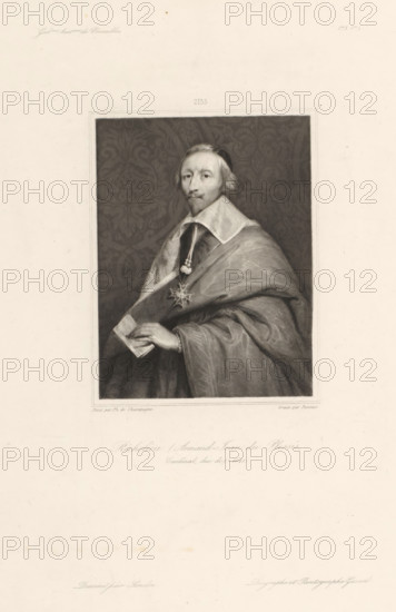Richelieu (Armand-Jean du Plessis, Cardinal, duc de), Portrait of Armand-Jean du Plessis Duke of Richelieu, Historical Gallery of Versailles, Galeries historiques de Versailles, print, Top center numbered: 2135., printmaker: Jacques Etienne Pannier, after drawing by Auguste Sandoz, after painting by Philippe de Champaigne, publisher: Charles Gavard, Paris, 1812 - 1869, paper, chine collé, engraving, etching, height 318 mm x width 243 mm, Person, Armand-Jean du Plessis Duke of Richelieu, historical persons, cardinal, A monochrome engraved portrait of a seated man shown from the waist up set inside a darker rectangular frame against a pale background, the man wearing a large collar over layered robes and a draped cloak, a medallion on a ribbon and a star-shaped badge on his chest, his hair shoulder-length and parted, a trimmed mustache and small beard, his right hand holding a folded sheet, a patterned dark backdrop behind him and faint decorative text and lines visible on the pale margi...