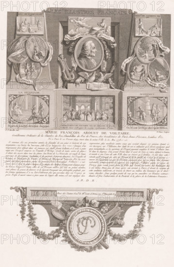 Allegorical portrait of Voltaire, Portraits of French historical figures, Les illustres français, ou tableaux historiques des grands hommes de la France, print, Series number, 2, 56, printmaker: Nicolas Ponce, after drawing by Clément Pierre Marillier, Paris, grantor of privilege: French crown, France, 1790 - 1816, paper, etching, engraving, height 337 mm x width 230 mm, Person, Voltaire, historical persons, portrait of a writer, A detailed engraved print showing a central framed bust portrait of a man in profile surrounded by decorative elements including a lyre, a quiver with arrows, and two birds, flanked by smaller oval and rectangular vignettes depicting various interior and outdoor scenes with groups of people, draped fabrics, and architectural elements; the top area features a decorative title cartouche and ornamental banners, while the lower portion contains a wide panel with a large interior scene of many figures and ornate borders, beneath which is a block of dense printed te...