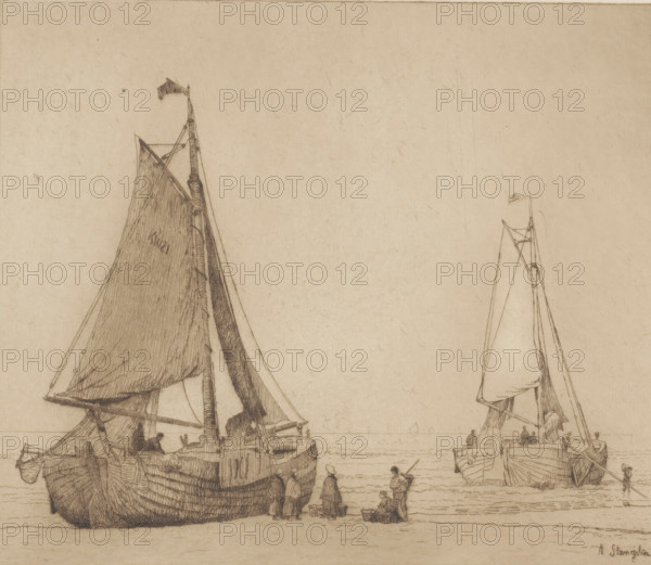 Fishing boats at Katwijk, print, Two boats on the beach of Katwijk, one lying on land and the other in the water., printmaker: Alphonse Stengelin (signed by artist), 1862 - 1910, paper, etching, intaglio printmaking technique, etching with plate tone in brown, height 238 mm x width 276 mm, beach, sailing-ship, sailing-boat, sea, A sepia-toned drawing of two sailboats near a shoreline, each boat with tall masts and billowing sails rendered in fine linework; the larger boat on the left shows detailed rigging and a furled lower sail, while the smaller boat on the right has a high mast and a partially lowered sail. Several small figures stand and sit on the beach between and beside the boats, some carrying or gathered around baskets, and one figure wades in shallow water. The horizon line is low and faint, and the sky area is mostly empty with subtle paper texture and light markings.