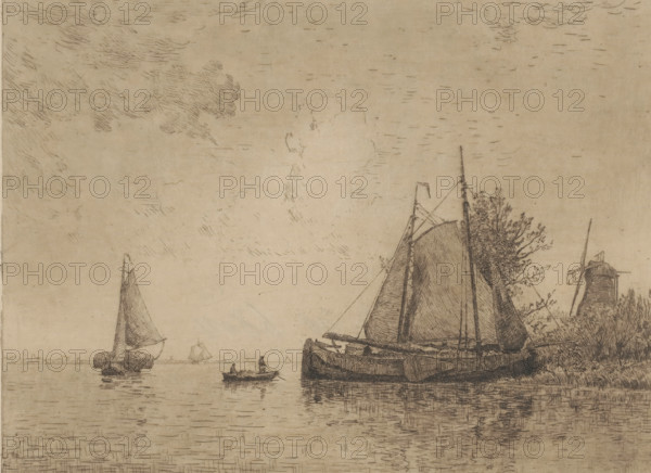Meuse, View of the Meuse, print, View of the Meuse with two sailboats and a rowboat in the foreground. A mill on the right., printmaker: Alphonse Stengelin (signed by artist), 1862 - 1910, paper, etching, intaglio printmaking technique, etching with plate tone in brown, height 207 mm x width 267 mm, A wide view of a calm water scene showing a large sailboat moored at the right with tall sails and rigging, a smaller boat nearby with two people aboard, and other distant sailboats on the horizon; reeds and a cluster of trees appear along the right bank behind the large boat, and a windmill stands partially visible behind the foliage; the sky above is filled with fine, hatched cloud markings and the water surface reflects the boats and subtle line work.
