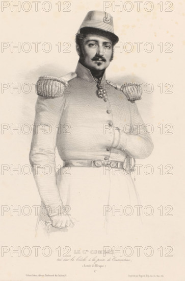 Portrait of Colonel Michel Combes, Le C.el Combes, print, Series number, 17, printer (person): Auguste Bry, Paris, publisher: Gihaut frères, 1830 - 1871, printmaker, printer (person), paper, chine collé, lithography, height 476 mm x width 317 mm, Person, Michel Combes, historical persons, A black and white drawing of a man in a military uniform shown from the waist up, wearing a brimmed cap with a decorative emblem, a high-collared coat with braided shoulder epaulettes, a star-shaped medal at his throat, a belt with a decorative buckle, one hand tucked inside his coat and the other hand holding a folded glove or cloth at his side, with facial hair including a mustache and sideburns and a neutral expression, rendered on aged paper with small spots and light shading around the figure.
