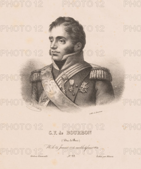 CF de Bourbon, Portrait of Charles Ferdinand of Bourbon, Duke of Berry, Portrait Gallery of Blaisot, Galerie universelle, print, Series number, 22, printmaker: L. Desmarets, printer (person): Pierre François Ducarme, Paris, publisher: Blaisot, 1826 - 1827, printer (person), paper, lithography, height 298 mm x width 216 mm, Person, Karel Ferdinand van Berry, historical persons, A monochrome portrait of a man shown from the chest up wearing a high-collared military uniform with decorative shoulder epaulettes and a sash across his chest, his face turned slightly to the side with short, wavy hair and sideburns, a few medals and ornamental insignia visible on his chest, the image rendered with stippling and shading on a lightly speckled pale paper background.
