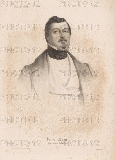 Portrait of the politician Lucien Murat, Lucien Murat, Portraits of members of the National Assembly, Assemblée Nationale, print, printmaker: Romain Cazès, printer (person): Jean-Baptiste Bazile Domnec, Paris, publisher: Delarue & Cie., Victor, 1848, printer (person), paper, lithography, height 375 mm x width 253 mm, Person, Lucien Karel Jozef Napoléon Murat (prince), historical persons, A faded pencil portrait of a man shown from the chest up wearing a dark high collar and a light waistcoat beneath a coat, his hair dark and swept back, a mustache and small goatee on his face, and a lightly speckled background with scattered darker age spots across the page.
