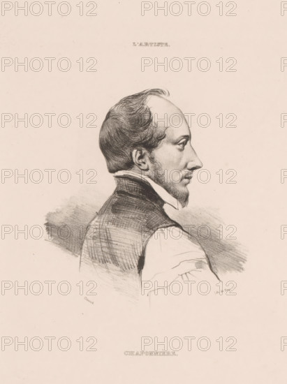 Chaponnière, Portrait of Jean-Étienne Chaponnière, print, printmaker: Pierre François Eugène Giraud, printer (person): Georges Jean Frey, Paris, 1835, printer (person), paper, lithography, height 294 mm x width 223 mm, Print used for: L'Artiste, 1835., Person, Jean-Etienne Chaponnière, historical persons, A pencil portrait of a man shown in profile facing right, with a high forehead, short wavy hair at the top and longer at the back, a neatly trimmed beard on his chin and slight sideburns, wearing a high-collared shirt and a dark vest with visible crosshatched shading, the shoulders and upper torso sketched with softer strokes and shadowing, all set against a light, mostly empty background.