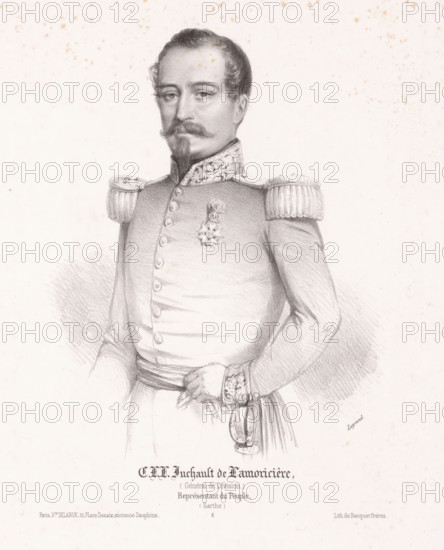 Portrait of Louis Juchault de Lamoricière, CLL Juchault de Lamoricière, Portraits of members of the National Assembly, Assemblée Nationale, print, Series number, 6, printmaker: Auguste Legrand, printer (person): Becquet frères, Paris, publisher: Delarue & Cie., Victor, 1848 - 1849, printer (person), paper, lithography, height 395 mm x width 267 mm, Person, Christophe Léon Louis Juchault de Lamoricière, historical persons, A monochrome portrait drawing of a man in a historical military uniform shown from the waist up, featuring detailed facial hair with a mustache and pointed beard, neatly combed hair, and a composed expression. He wears an ornate high collar with embroidered decoration, epaulettes on the shoulders with fringe, a double-breasted coat with visible buttons, and a decorative medal on the chest. One hand rests near the waist holding a sash and the hilt of a sword with a detailed pommel, while the other arm is bent at the elbow. The background is plain with faint speckled di...