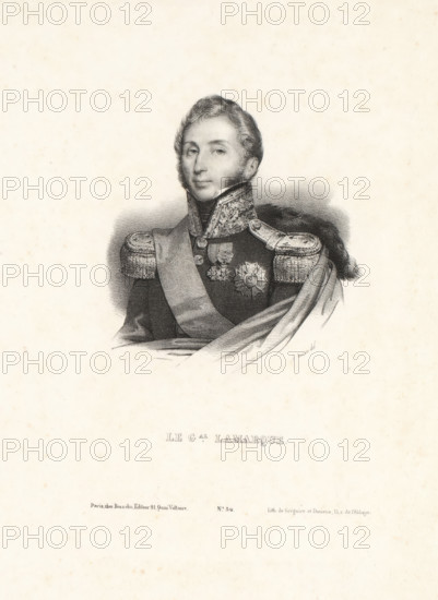 Le gal. Lamarque, Portrait of Jean Maximilien Lamarque, print, Numbered below: No. 30., printmaker: Antoine Maurin, printer (person): Grégoire et Deneux, Paris, publisher: V. Rosselin, 1832, printer (person), paper, lithography, height 359 mm x width 262 mm, Person, Jean Maximilien Lamarque, historical persons, A grayscale portrait of a man shown from the chest up wearing an ornate military uniform with a high embroidered collar, epaulettes, a sash across his chest, and decorative medals pinned to his jacket; his hair is styled short and wavy, his expression is neutral, and a draped fabric appears over one shoulder with a fur or plume behind it, all set against a plain light background.