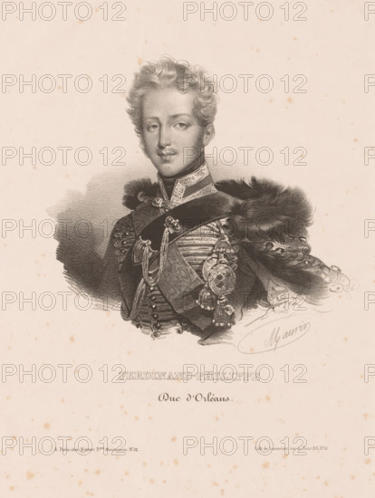 Portrait of Ferdinand-Philippe, Duke of Orléans, Ferdinand-Philippe, duc d'Orléans, print, printmaker: Nicolas Maurin, printer (person): Joseph Rose Lemercier, Paris, publisher: Henri Rittner, 1829 - 1840, Nicolas Maurin, Joseph Rose Lemercier, Henri Rittner, printmaker, printer (person), publisher, paper, lithography, height 365 mm x width 276 mm, Person, Ferdinand Filips (Duke of Orléans), historical persons, A monochrome engraved portrait of a young man shown from the chest up wearing a decorated military uniform with ornate braiding, medals, and a fur-trimmed cloak, his face framed by short curly hair and presenting a neutral expression while looking slightly toward the viewer, set against a plain background with scattered foxing spots and a larger area of shading behind the figure.