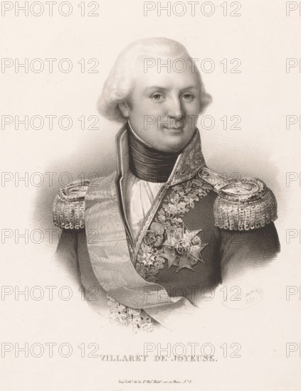 Portrait of Louis Thomas Villaret de Joyeuse, Villaret de Joyeuse, print, printmaker: Antoine Maurin, printer (person): Imprimerie lithographique de la 1e division Militaire, Paris, 1833, printer (person), paper, lithography, height 300 mm x width 227 mm, Person, Louis Thomas Villaret de Joyeuse, historical persons, officer, A monochrome portrait of a man shown from the chest up wearing an ornate military uniform with high collar and epaulettes. He has light-colored hair styled away from his face and a composed facial expression with visible eyes, nose, and mouth. The uniform features intricate embroidered patterns, a sash draped across his chest, and decorative medals and a star-shaped insignia pinned to the front. The background is plain and light, fading into subtle shading around the figure.