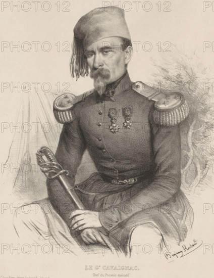 Le gal. Cavaignac, chef du Pouvoir exécutif, Portrait of General Louis-Eugène Cavaignac, Souvenirs d'Afrique, Memories of Africa, print, printmaker: Benjamin, printer (person): Auguste Bry, Paris, publisher: Gihaut frères, 1842, Benjamin, Auguste Bry, Gihaut frères, printmaker, printer (person), publisher, paper, chine collé, lithography, lithography with planing technique on chine collé, height 411 mm x width 306 mm, Person, Louis-Eugène Cavaignac, historical persons, commander-in-chief, general, marshal, A seated man in a detailed monochrome drawing wears a high-collared military coat with decorative shoulder epaulettes and two star-shaped medals on his chest, a tasseled cylindrical cap tilted to one side, a narrow pointed beard and mustache, and holds a sword with an ornate guard resting across his lap; folds of fabric and a patterned cushion appear behind him, and the image shows fine shading and pencil or charcoal line work.