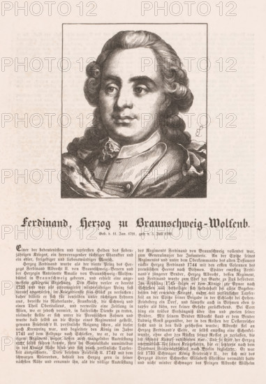 Portrait of Ferdinand Duke of Brunswick-Wolfenbüttel, Portraits of German monarchs, print, book illustration, printmaker: Hugo Bürkner, after design by Eduard Ihlée, publisher: Georg Wigand, Leipzig, 1854, Saxony, paper, wood engraving, height 110 mm x width 92 mm, Page from: Bechstein, 1854. Print with different text used in: Gaedertz, 1890. In the 1890 edition, the title page states that the prints were made by Hugo Bürkner., Person, Ferdinand Duke of Brunswick-Wolfenbüttel, historical persons, A sepia-toned printed page showing a framed engraved portrait of a person with curled hair and a high-collared garment, the face rendered with fine crosshatching and shading, the portrait placed above a block of dense printed text in a decorative blackletter-style heading and smaller serif paragraphs, with the paper showing an aged texture and faint background marks.