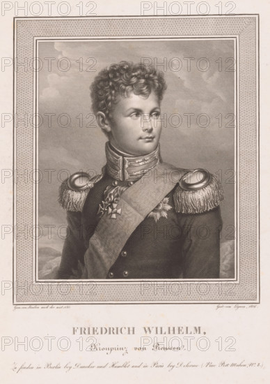 Friedrich Wilhelm, Kronprinz von Preussen, Portrait of Frederick William IV, King of Prussia, print, printmaker: Etienne Frédéric Lignon, after painting by Carl von Steuben, publisher: Duncker & Humblot, Berlin, publisher: Delorme, Paris, 1816, paper, engraving, etching, height 307 mm x width 229 mm, Person, Frederick William IV (King of Prussia), historical persons, king, A framed monochrome engraved portrait of a young man shown from the chest up wearing a military uniform with decorative shoulder epaulettes and a sash across his torso, his face turned slightly to one side with short curly hair and a neutral expression, medals pinned to his chest, a clouded sky background visible within the rectangular inner frame, and a wide patterned border surrounding the portrait area.
