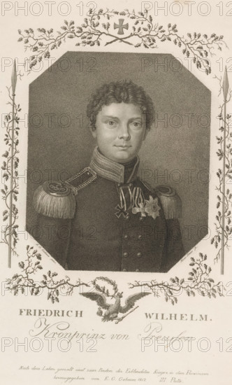 Portrait of Friedrich Wilhelm IV, print, printmaker: Meno Haas, after painting by Paul Ernst Gebauer, 1817, paper, stippelwerk, etching, height 274 mm x width 210 mm, Person, Frederick William IV (King of Prussia), historical persons, ruler, sovereign, medals and other marks of military honor, predatory birds: eagle, insignia and symbols of sovereignty (crown, diadem, sceptre, orb, seal, standard, cloak, pectoral), casting weapons: spear, knighthood order (with NAME) - insignia of a knighthood order, eg: badge, chain (with NAME of order), A detailed engraved portrait of a young man in a military uniform with ornate shoulder epaulettes and a high collar, shown from the chest up and facing forward with a neutral expression and curly hair, wearing multiple medals and decorations on his chest; the portrait is set within an octagonal frame surrounded by decorative botanical branches and spears at the sides, with an ornamental emblem above and a stylized bird motif below.