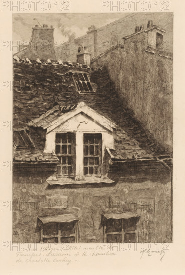 Exterior view of the window of a room in the Hôtel de Francfort, Street views of Paris, Le vieux Paris s'en va, print, In this room Charlotte Corday committed the murder of Jean-Paul Marat on July 13, 1793., printmaker: Henri Manesse (signed by artist), France, after design by Henri Manesse, 1906 - 1911, Henri Manesse, printmaker, paper, etching, engraving, drypoint, intaglio printmaking technique, height 278 mm x width 198 mm, This is the first series of a print series consisting of at least eleven series., hotel, hostelry, inn, façade (of house or building), Paris, Hôtel meublé de Francfort, Rue d'Argout, A detailed sepia-toned drawing of a rooftop scene showing sloped tiled roofs, a small dormer with divided window panes and a triangular pediment, nearby angled skylights set into the tiles, tall chimney stacks rising above the roofline, a high vertical wall beside the roofs, textured brick and tile patterns across surfaces, and smaller awnings over lower windows toward the bottom ed...