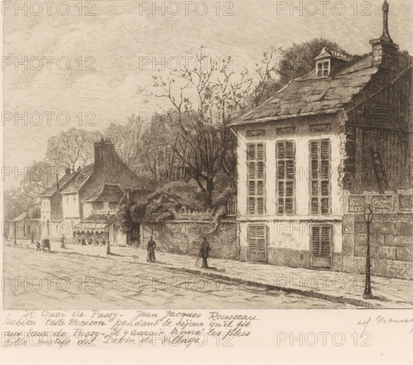 View of a house at 26 Quai de Passy in Paris where Jean Jacques Rousseau lived, Street views of Paris, Le vieux Paris s'en va, print, printmaker: Henri Manesse (signed by artist), France, after design by Henri Manesse, 1906 - 1911, Henri Manesse, printmaker, paper, etching, drypoint, engraving, aquatint, intaglio printmaking technique, height 205 mm x width 277 mm, This is the eleventh series of a print series that consists of at least eleven series., street, Paris, Quai de Passy, A sepia-toned detailed etching of a street scene showing a row of buildings with varied roofs and windows, a large house with tall shuttered windows and a pitched roof on the right, leafless trees and dense foliage behind the buildings, a stone wall and gate in front of part of the buildings, several small human figures walking along the sidewalk, a streetlamp near the curb, cobbled street surface in the foreground, and handwritten script along the bottom edge.
