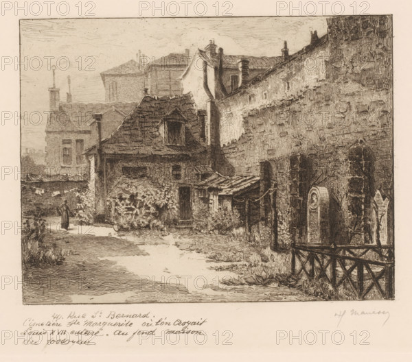 View of a cemetery at 40 Rue St. Bernard, Street views of Paris, Le vieux Paris s'en va, print, printmaker: Henri Manesse (signed by artist), France, after design by Henri Manesse, 1906 - 1911, Henri Manesse, printmaker, paper, etching, engraving, drypoint, intaglio printmaking technique, height 220 mm x width 267 mm, This is the eleventh series of a print series that consists of at least eleven series., cemetery, park-like burying ground, Paris, Rue Saint-Bernard, A sepia-toned etching of a narrow courtyard scene bordered by tall stone and brick buildings with varied rooflines and chimneys, showing textured walls, tiled roofs, and small windows; a sloped pathway leads inward past a low fence with a gate and a circular sign or barrel mounted on a wall; vegetation and bushes grow along the edges and near doorways; a woman in a long dress stands on the path near the left side; awnings and doorways open into shaded recesses beneath overhanging roofs; fine linear hatching and crosshatching...