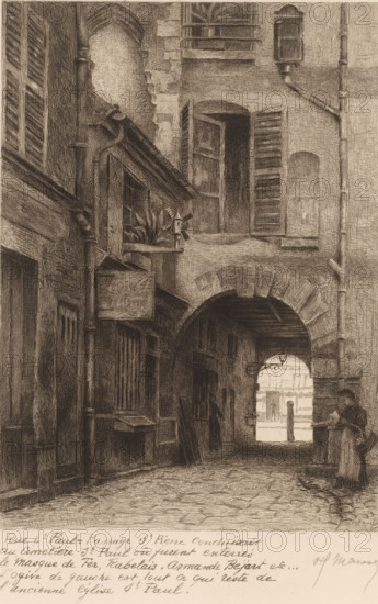 View of the rue Saint-Paul, Street views of Paris, Le vieux Paris s'en va, print, printmaker: Henri Manesse (signed by artist), France, after design by Henri Manesse, 1906 - 1911, Henri Manesse, printmaker, paper, etching, engraving, drypoint, aquatint, intaglio printmaking technique, height 273 mm x width 190 mm, This is the eleventh series of a print series that consists of at least eleven series., street, Paris, Rue Saint-Paul, A narrow stone passage framed by tall buildings with shuttered windows leads to an arched opening showing a brighter street beyond; the passage floor is paved with uneven stones and the walls display textured masonry and wooden beams with a variety of small architectural details such as a downspout, a projecting sign, window boxes with plants, and an overhanging roof; shadows gather under the arch and along recessed doorways and windows, where stacked boards and a small ledge are visible; a solitary figure stands near the right foreground wearing a dress and ...