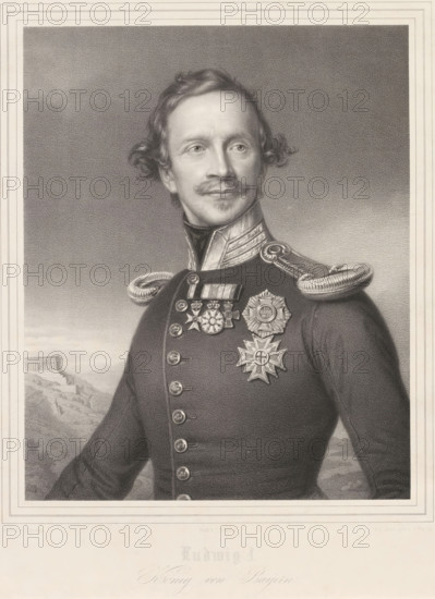 Portrait of Louis I of Bavaria, Ludwig I, König von Bayern, print, printmaker: Ignaz Fertig, after painting by Joseph Karl Stieler, printer (person): Johann Baptist Kuhn, Munich, 1819 - 1858, printer (person), Bavaria, paper, chine collé, lithography, height 585 mm x width 432 mm, Person, Louis I (king of Bavaria), historical persons, adult man, beard, A grayscale portrait of a man shown from the waist up wearing a dark military uniform with decorative braided shoulder epaulettes and a high collar with metallic trim, his face framed by wavy hair and a mustache, his gaze turned slightly to the viewer's left. The uniform front features rows of buttons and several ornate medals and badges pinned to the chest, including star-shaped and circular designs with detailed relief. The background shows a textured sky and a distant landscape with a classical temple-like structure on a hill. The image has a wide decorative border around it.
