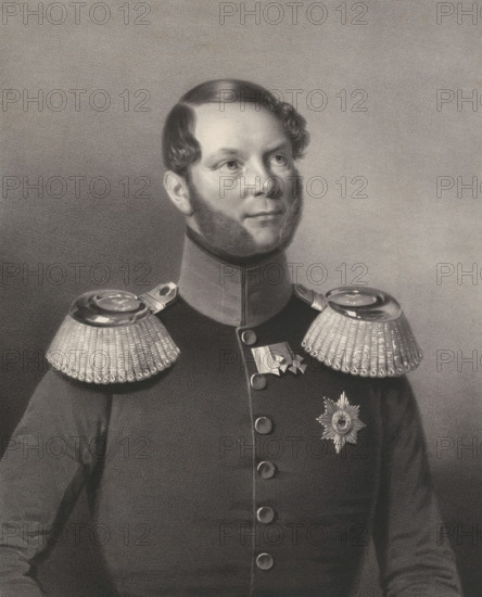 Portrait of an unknown man, possibly Nicolaus Prince of Prussia, print, check stamp: 'Julius Kuhr in Berlin', printmaker: Carl Wildt, after drawing by Friedrich Randel, printer (person): Königliches Lithographisches Institut, Berlin, publisher: Julius Kuhr, 1830 - 1860, printer (person), paper, chine collé, lithography, height 566 mm x width 420 mm, historical persons, adult man, beard, A black and white portrait of a man shown from the chest up wearing a dark military uniform with a high collar and decorative shoulder epaulettes with fringed tassels and shiny round fittings, a row of round buttons down the front, a star-shaped medal pinned on the left side of his chest, and additional crossed medals near the collar; he has neatly combed hair with curled side locks, full sideburns, and a calm facial expression while looking slightly upward and to the right against a plain textured background.