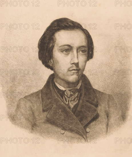 Portrait of an unknown young man, print, printmaker: attributed to Kamphoven, 1850 - 1899, Attributed to, paper, etching, intaglio printmaking technique, etching with plate tone, height 310 mm x width 247 mm, According to the inscription, it is possibly a portrait of Humkuiverberg., historical persons, youth, adolescent, A sepia-toned pencil or charcoal portrait of a young man shown from the chest up, with short dark hair parted and combed to the sides, neatly shaped eyebrows, and a contemplative facial expression; he wears a high-collared shirt with a tied neckerchief and a double-breasted coat with wide lapels, rendered with fine crosshatching and textured shading against a softly textured background.