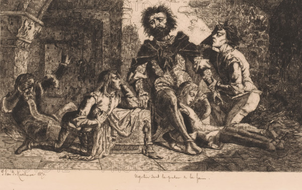 Ugolin in the prison of hunger, Ugolino della Gherardesca with his two sons and two grandsons imprisoned without food in the Torre dei Gualandi, print, printmaker: Jan Van de Kerkhove (signed by artist), 1876, paper, etching, drypoint, intaglio printmaking technique, height 169 mm x width 277 mm, prison, jail, violent death by starvation, A sepia-toned etching shows a group of people in a stone interior. A central bearded man with disheveled hair sits on a raised seat wearing a patterned garment and a cloak, his expression solemn. Around him are several figures in varied poses: one kneeling at his feet with a hand to their chin, another reclining with eyes closed and head resting against the seated man’s leg, a third figure leans in from the right with an upturned face and hand on the seated man’s arm, and a fourth figure to the left covers their eyes with one hand while raising the other. Stone arches and a textured wall form the background, and the floor is rendered with tile-like li...