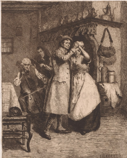 Man and a woman dancing to the direction of musicians in front of a fireplace, print, printmaker: Henri Kokken, 1870 - 1911, paper, etching, intaglio printmaking technique, etching with plate tone, height 260 mm x width 207 mm, Print made after a detail from a painting by Henri Kokken, also titled 'Waltz in the Inn'., small group of musicians, chamber orchestra, jazz band, one pair dancing, man and woman dancing as a couple, open hearth, fire-place, An interior scene rendered in fine crosshatched lines shows a man and a woman standing close together near a fireplace, the man adjusting a hat on the woman's head while the woman holds her hands near her face and wears an apron; to their left a seated musician plays a large stringed instrument with a bow, and an older man concentrates on the music; above the fireplace a shelf holds plates and kettles, and hanging on the wall beside it is a woven bag; a small table with jugs and a cloth sits nearby, and a wooden bench and chair occupy the f...