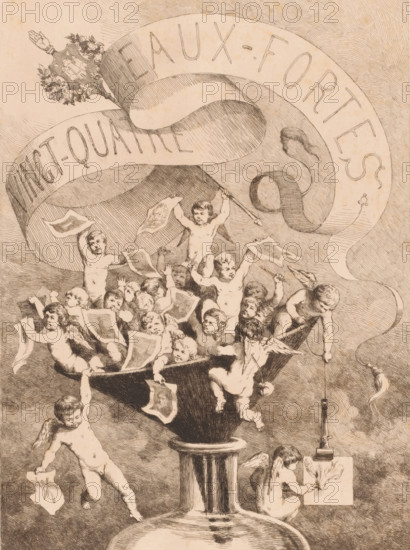 Twenty-four eaux-fortes, Funnel with putti holding prints in their hands, Album of the Antwerp Etchers 1882, print, title page, mark: 'Antwerp Etchers 1880', printmaker: Frans Van Kuyck, 1882, paper, etching, intaglio printmaking technique, etching with plate tone, height 322 mm x width 240 mm, This print is probably intended as the title page for: Album of the Antwerp Etchers. Sl: Association of the Antwerp Etchers, 1882., cupids: 'amores', 'amoretti', 'putti', the graphic arts, kitchen-utensils: funnel, A detailed pen-and-ink drawing shows a large ornate vase perched on a pedestal, its wide bowl overflowing with many small cherubic figures, some with tiny wings, clustered and reaching outward while holding pieces of paper and small flags; a few cherubs sit on the rim or hang from the sides, one descending toward a suspended object on a cord and another seated on the floor sketching or painting on a sheet propped before them; above the scene a large flowing ribbon curls across the top...