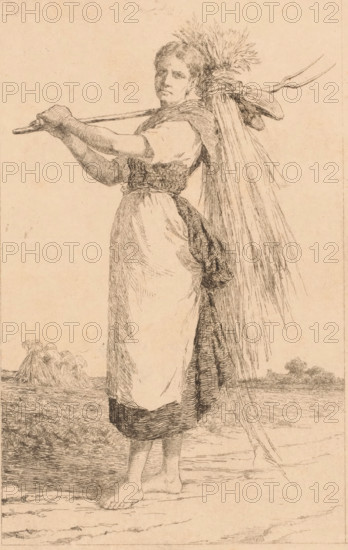 Young woman walks barefoot through the countryside with a pitchfork over her shoulder, print, printmaker: Frans Van Kuyck, 1862 - 1911, paper, etching, intaglio printmaking technique, etching with plate tone, height 268 mm x width 199 mm, adolescent, young woman, maiden, agricultural implements: pitchfork, A standing woman in a simple dress and apron is shown in a sketch style, facing slightly toward the viewer with her arms extended to hold a long pole across her shoulders; she has a bundle of long stalks or sheaves tied and resting on her shoulder and back, with loose strands falling down beside her. Her hair is short and tucked close to her head, and a piece of cloth is wrapped around her waist and draped at her side. She stands barefoot on a textured ground with distant low mounds or haystacks and a small tree visible on the horizon. The image is rendered with fine lines and shading on a light, slightly textured background.