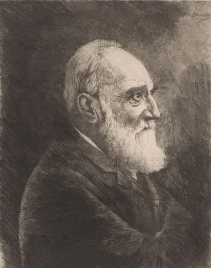 Portrait of an unknown bearded man, print, printmaker: Willem Lamorinière, 1880 - 1911, paper, chine collé, etching, drypoint, intaglio printmaking technique, height 239 mm x width 190 mm, Date of death of printmaker unknown. Therefore, the acquisition date has been used to determine the rights to this object., anonymous historical person portrayed alone, A monochrome etching of an elderly man shown in profile facing right, with a balding head, a full white beard, and detailed facial features including a prominent nose and deep-set eye; he is wearing a dark jacket and shirt, and the background consists of dense crosshatched shading and textured lines that vary in density around the figure.