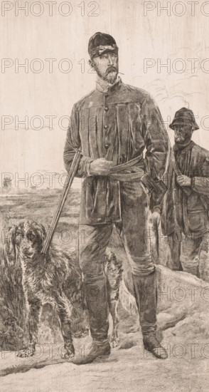Hunter's portrait by Constant Van den Berghe, print, annotation: '1er Etat de la planche', printmaker: Frans Lauwers (signed by artist), 1864 - 1911, Frans Lauwers, printmaker, paper, etching, intaglio printmaking technique, height 346 mm x width 196 mm, Person, Constant Van den Berghe, historical persons, A tall man in a buttoned coat and cap stands with one hand resting on a belt and the other holding a long, thin object that leans against the ground; he has facial hair and a serious expression. Beside him is a large, long-haired dog with a patterned coat standing on the ground. Behind the tall man, a second man wearing a hat and heavy outerwear stands slightly turned, holding a staff or stick. The scene shows an outdoor landscape with low vegetation and distant horizon lines, and the image is rendered in a detailed, textured monochrome style.