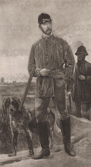 Hunter's portrait by Constant Van den Berghe, print, printmaker: Frans Lauwers (signed by artist), 1864 - 1911, Frans Lauwers, printmaker, paper, chine collé, etching, intaglio printmaking technique, height 346 mm x width 196 mm, Person, Constant Van den Berghe, historical persons, A tall man stands facing slightly to the side wearing a buttoned coat with a belt and high boots, a cap on his head, and a mustache and beard, one hand resting on the belt and the other holding a long gun that rests on the ground; next to him a long-haired dog stands looking forward; behind him a second man in a hat and coat stands partially visible with one hand on a strap; the background shows an open landscape with low vegetation and a cloudy sky.