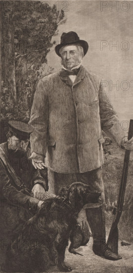 Unknown man with hunting rifle, possibly Max van den Berge, at his side a kneeling second man and hunting dog, print, annotation: 'dernier Etat de la planche', printmaker: Frans Lauwers (signed by artist), 1864 - 1911, paper, etching, intaglio printmaking technique, height 347 mm x width 173 mm, historical persons, hunter, hunting dogs beside the spoils, A monochrome engraving showing two men and two dogs in an outdoor setting. One man stands at center wearing a brimmed hat, a long coat with a visible pocket square, a high collar, and a bow tie, holding a long firearm upright with one hand while the other hand is extended palm up. The second man is seated or crouching beside him, wearing a cap and a coat, looking downward with one hand resting near a dog's neck. A large, dark-coated dog sits in the foreground facing right, and a smaller dog lies on the ground near the standing man's legs. Behind the figures on the left, there are textured trees and foliage, and the ground beneath their...