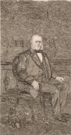 Portrait of an unknown man, possibly Senator Van den Berge Elsen, print, annotation: '1er etat de la planche', printmaker: Frans Lauwers (signed by artist), 1864 - 1911, paper, etching, height 349 mm x width 195 mm, historical persons, An etched portrait shows an older man seated in an ornate carved armchair, wearing a formal three-piece suit with a bow tie and a long coat, his hands resting on the chair arms and his legs crossed at the ankles, with closely cropped hair and prominent sideburns and a neutral facial expression; behind him is a textured wall with woodgrain-like lines and paneling at chair-back height, and beneath the chair an intricately patterned rug extends across the floor where a large long-haired dog lies curled, head lowered and eyes open.