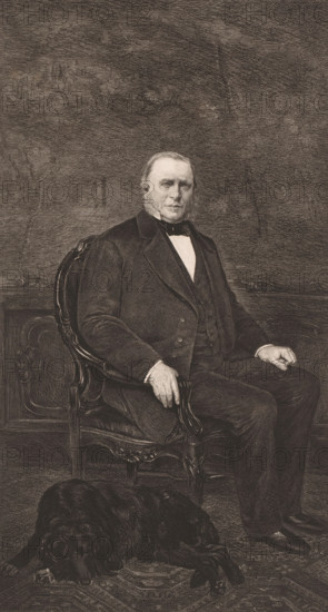 Portrait of an unknown man, possibly Senator Van den Berge Elsen, print, annotation: 'dernier état de la planche', printmaker: Frans Lauwers (signed by artist), 1864 - 1911, paper, etching, intaglio printmaking technique, height 349 mm x width 195 mm, historical persons, A monochrome engraving of a seated older man with sideburns wearing a dark suit, waistcoat, white shirt, and bow tie, sitting in an ornate wooden chair with carved details; his left hand rests on the arm of the chair and his right hand rests on his knee. The background shows textured shading and a paneled wall behind him. On the floor in front of the chair lies a dark-coated dog with its head down. The overall image is detailed with fine crosshatching and line work.
