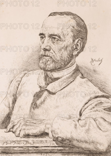 Portrait of Pierre Dens, P. Dens. Professor & City Architect, print, printmaker: Frans Lauwers, after design by Charles Verlat, 1879, paper, etching, intaglio printmaking technique, height 317 mm x width 235 mm, Person, Pierre Dens, historical persons, A detailed pen-and-ink portrait of a seated man shown from the chest up, turned slightly to his left, with a neatly combed short haircut and a full beard and mustache. His face shows fine line work indicating skin texture and creases around the eyes and forehead, and his eyes are directed outward with a focused gaze. He wears a high-collared shirt beneath a buttoned jacket, the fabric rendered with closely spaced lines and crosshatching to indicate folds and shadows. One forearm rests on a surface in front of him with visible hands and knuckles drawn in careful detail, and the background is largely blank with subtle stippling and hatching around the head and shoulders. The drawing uses a monochrome sepia tone throughout.